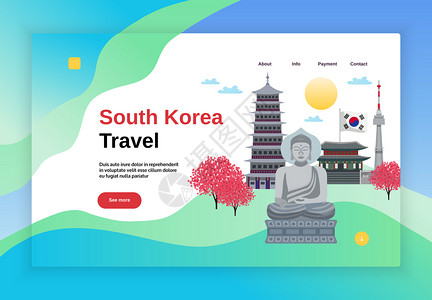 韩国旅游横幅网站页与可点击按钮链接彩色平图像矢量插图图片