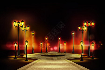 彩色路灯写实构图,安静的夜街与黄色复古灯光矢量插图图片