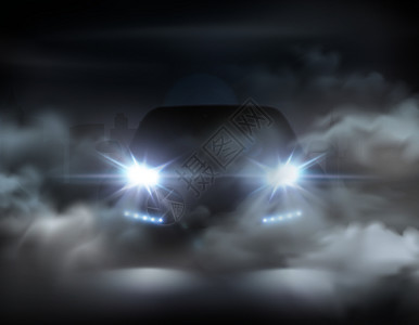 汽车前照灯汽车灯光逼真的雾成抽象与银车夜间矢量插图插画