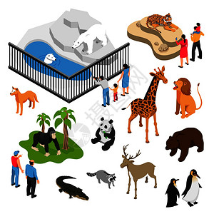 动物人参观动物园期间白色背景下矢量插图的等距集图片