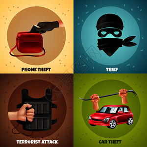 社会犯罪4彩色背景图标方形与抢劫盗窃符号矢量插图图片
