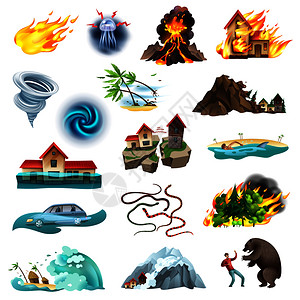 自然灾害生命威胁情境彩色图标收集与龙卷风森林火灾洪水蛇矢量插图插画