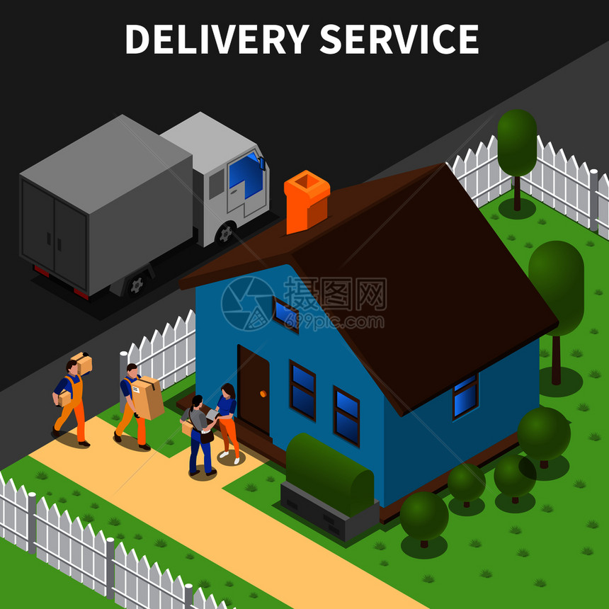 送货服务等距背景与快递员卸货购买给客户家庭矢量插图图片