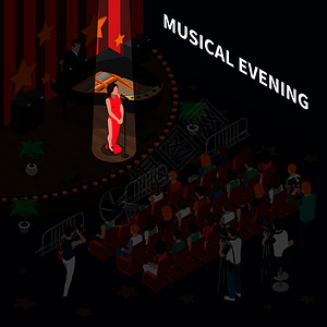 音乐晚会等距构图,女歌手场景表演浪漫歌曲,伴奏钢琴矢量插图背景图片