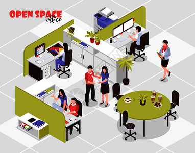 广告公司3D等距矢量插图的大开放备用办公室工作的人图片
