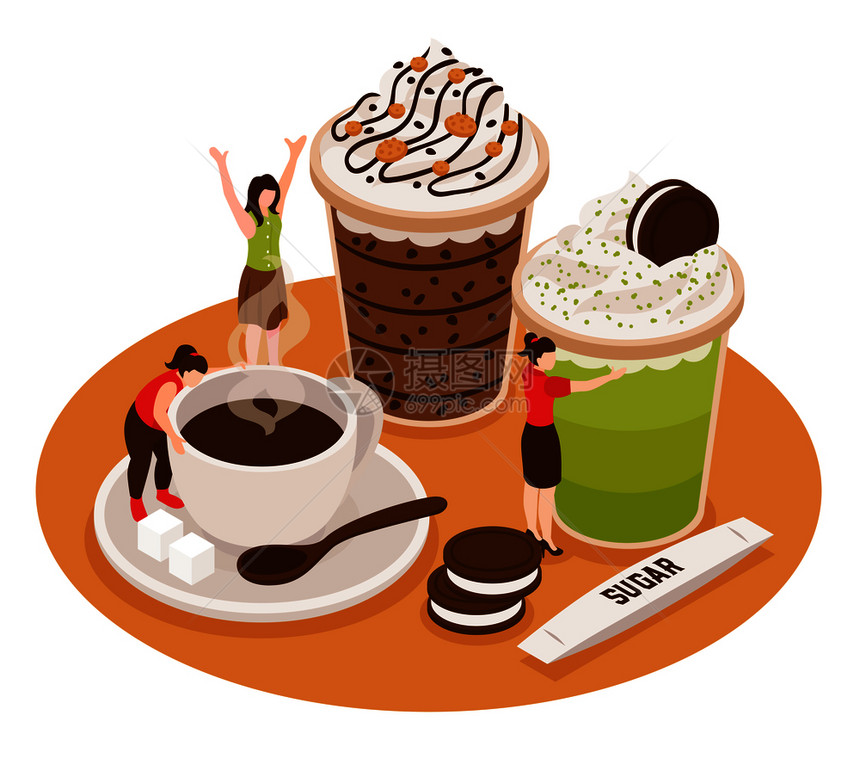 等距咖啡屋咖啡师构图与咖啡杯甜点与小人物人物矢量插图图片