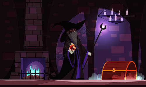 魔术师女巫帽子与权力球宝箱黑暗城堡室卡通矢量插图图片