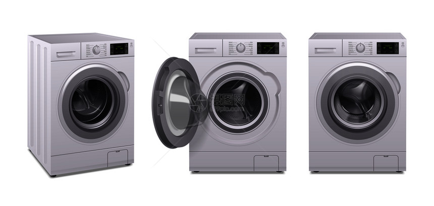 洗衣机逼真图标三个产品的家用电器同的位置矢量插图图片