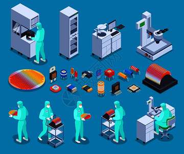 半导体实验室分号生产图标与技术科学符号等距孤立矢量插图插画