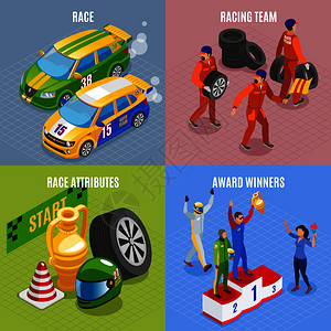 赛车运动图标与赛车队获奖者符号等距孤立矢量插图图片