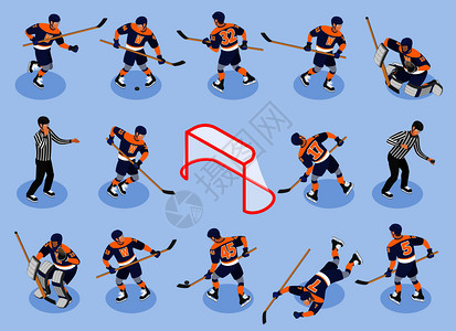 裁判员设备冰球等距图标与防御球员向前守门员冰球裁判溜冰场矢量插图插画