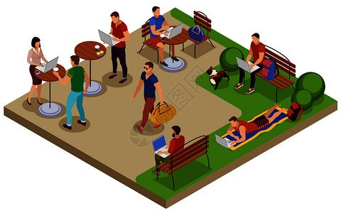 典型食物自由职业者典型的夏日等距构图与户外工作场所城市公园草坪咖啡馆表矢量插图插画