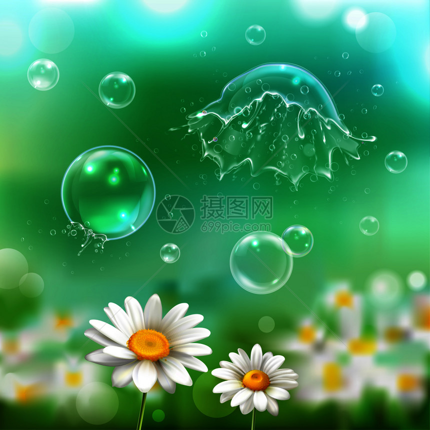 肥皂泡漂浮爆裂爆炸以上洋甘菊花现实图像与绿色模糊背景矢量插图图片