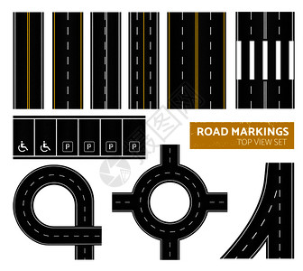 车道标记黑色道路标记顶部视图图标同的标记白色黄色矢量插图插画