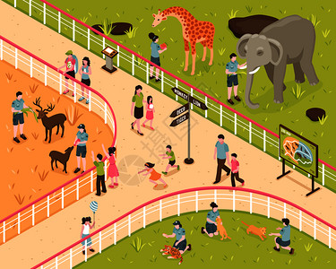 等距动物园成与人类的特点,儿童成人与野生动物背后的公园围栏矢量插图图片