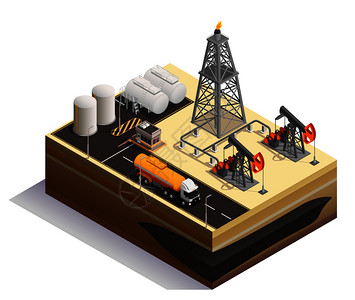 石油开采运输生产工业等距成与泵千斤顶钻机井架罐矢量插图背景图片