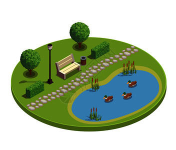 城市公园娱乐活动区圆形等距元素与长凳树灌木丛池塘植物芦苇小鸭矢量插图图片