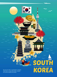 韩国旅游宣传单韩国旅游垂直海报构图与涂鸦图像岛屿剪影与海洋文本矢量插图插画