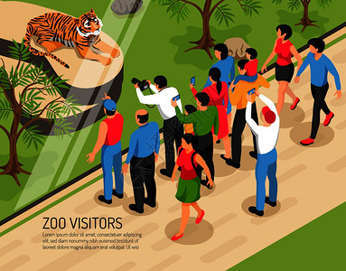 公园里老虎动物园游客,成人儿童与照片相机附近地区与老虎等距矢量插图插画