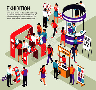 等距博览会展览构图背景与可编辑的文本描述彩色展览站挤满了人的矢量插图图片
