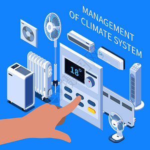 空调装饰空调矢量图控制板上用人手设定温度模式管理气候系统等距成插画
