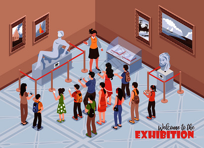 文字博物馆等距导游游览博物馆背景构图与文字室内景观的历史博物馆与人的矢量插图插画