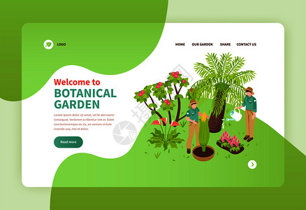 网页线两人植物园工作,用异国植物等距横幅3D矢量插图插画