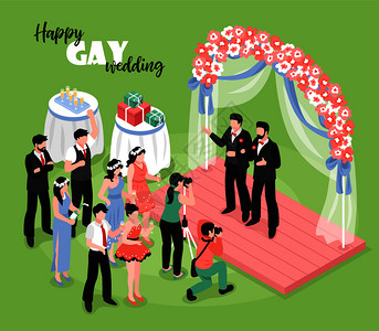 婚礼与专业摄影师客人绿色背景三维等距矢量插图图片