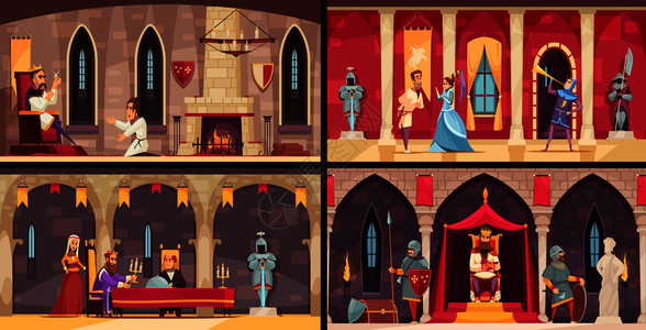 中世纪背景城堡内部4平场景与国王餐厅王座舞厅矢量插图插画