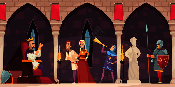 贵夫人中世纪城堡内部卡通与国王宝座上,骑士夫人,骑士守卫,喇叭鼓风机矢量插图插画