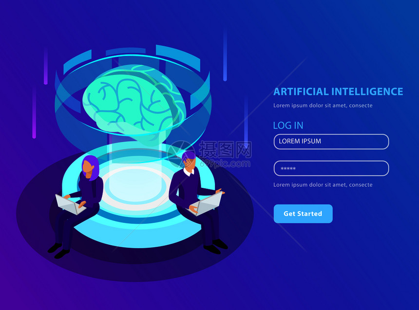 人工智能等距背景着陆页格式与发光图像的大脑布局矢量插图图片