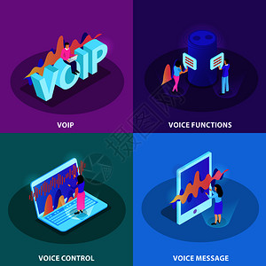 voip语音控制2x2集的方形图标,演示语音识别VoIP通信等距矢量插图功能的现代设备插画