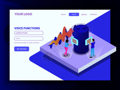 语音功能合落地页格式与智能扬声器人们语音消息等距矢量插图通信背景图片