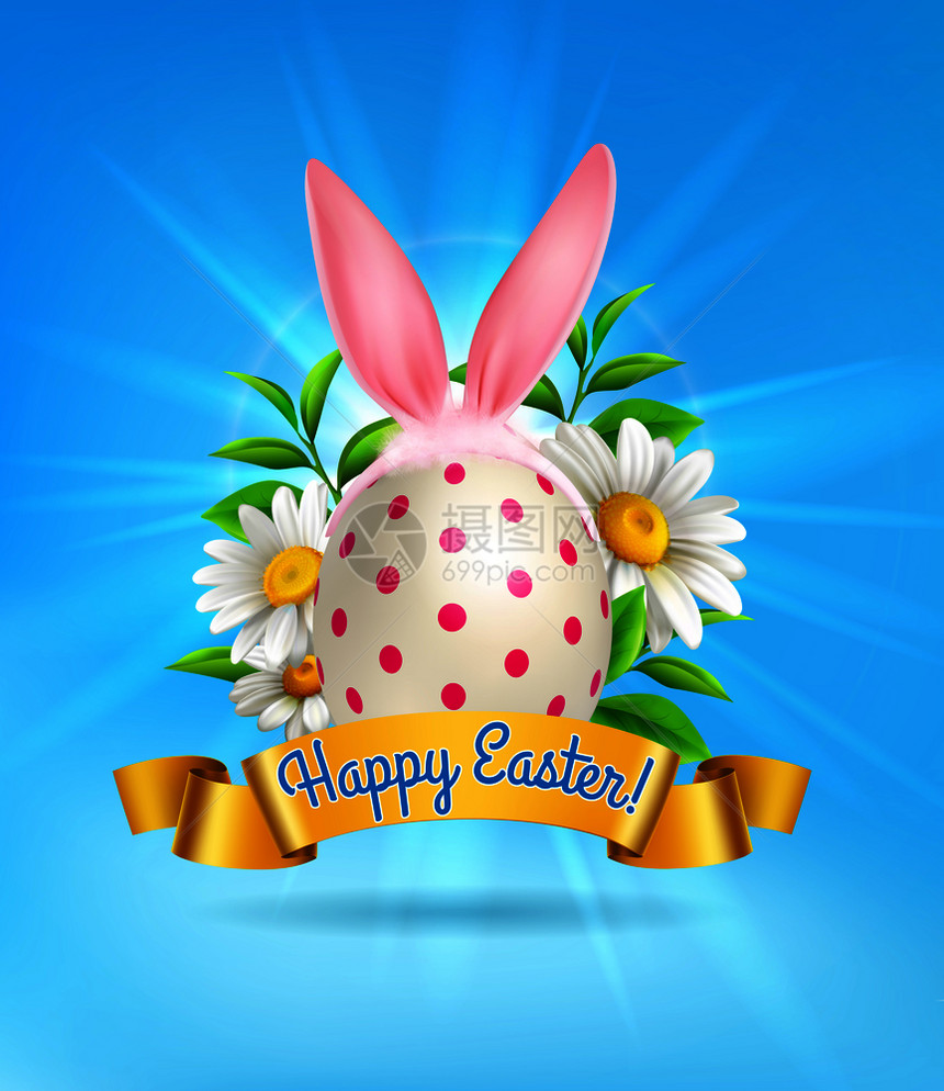 可爱的现实复活节构图与彩绘鸡蛋兔子耳朵花蓝色背景矢量插图图片