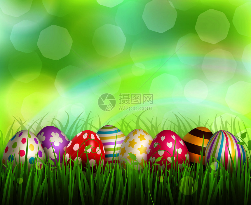 彩色彩绘复活节彩蛋绿色草地上模糊的背景与Bokeh现实矢量插图图片