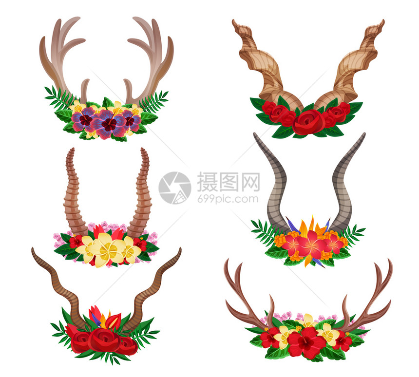 野生动物亲爱的山羊驼鹿观赏花角装饰花卉布置孤立矢量插图图片