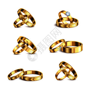 金婚戒指夫妇系列6现实隔离贵金属珠宝白色背景矢量插图图片