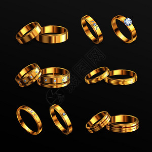 黄金珠宝钻石豪华订婚结婚戒指6现实套黑色背景孤立矢量插图图片