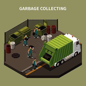 彩色等距垃圾回收合物与垃圾收集工人清除器矢量插图图片