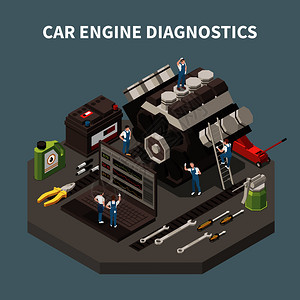 车间员工汽车服务成与汽车发动机诊断标题员工的工作矢量插图插画