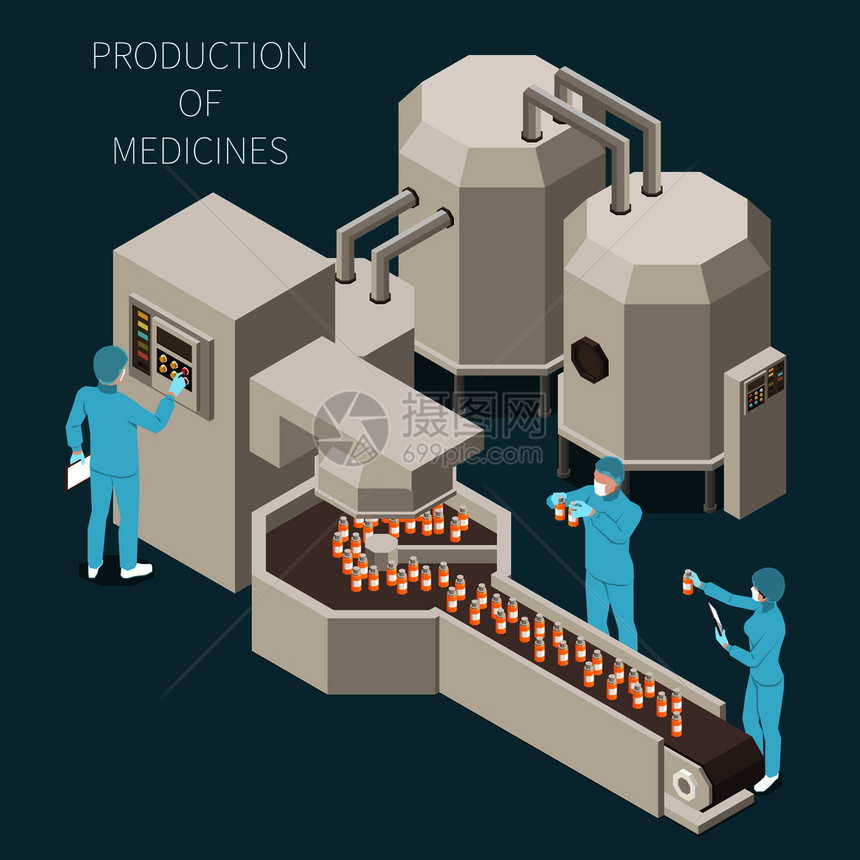 制药生产等距彩色合物与生产药物描述工作过程实验室矢量插图图片