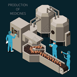 物联设备制药生产等距彩色合物与生产药物描述工作过程实验室矢量插图插画