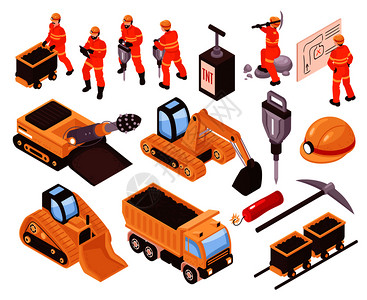 挖挖机等距集图标与采矿机械矿工隔离白色背景三维矢量插图插画