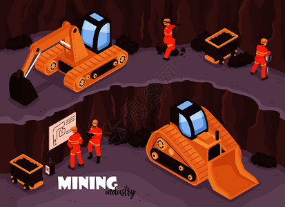 矿山工业背景与工人的特点,统开放的矿山风景与挖掘机文本矢量插图背景图片