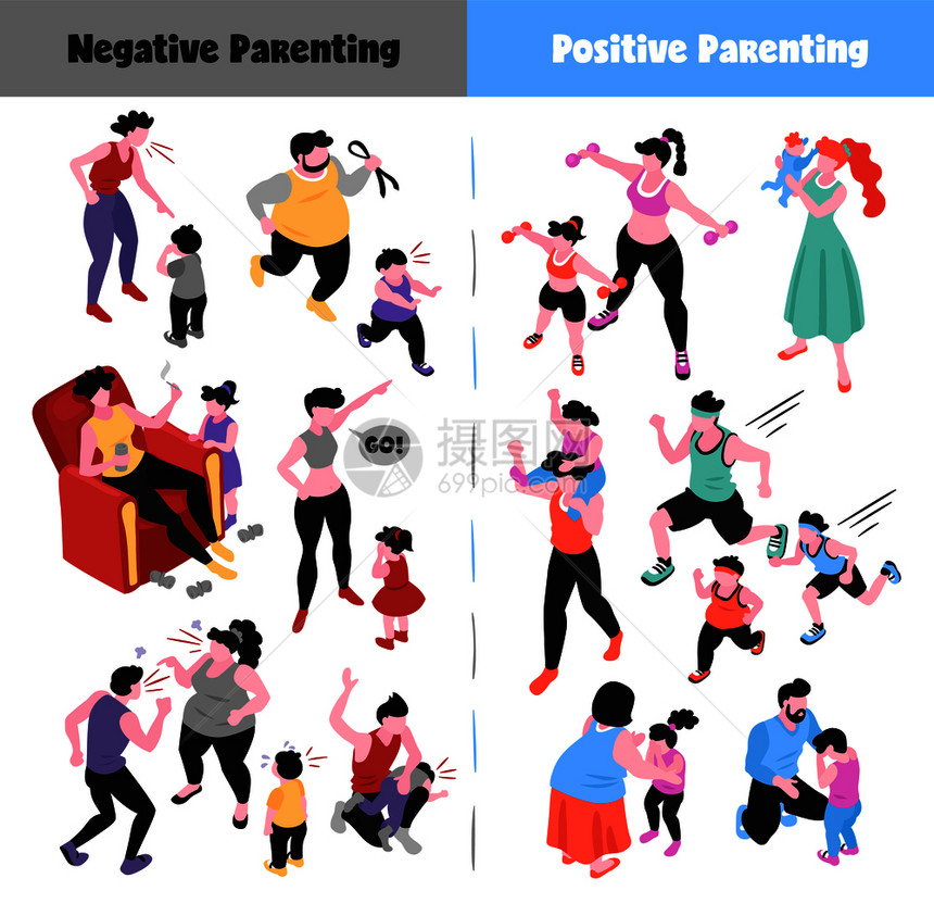 育儿等距图标集描绘积极消极的方式抚养儿童三维孤立矢量插图图片