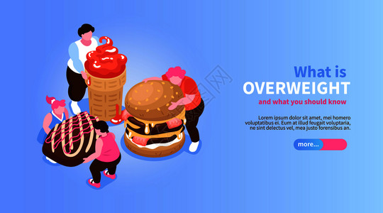 吃甜食的人等距暴饮暴食的横幅与滑块按钮,可编辑的文本字符的胖子与糖果矢量插图插画