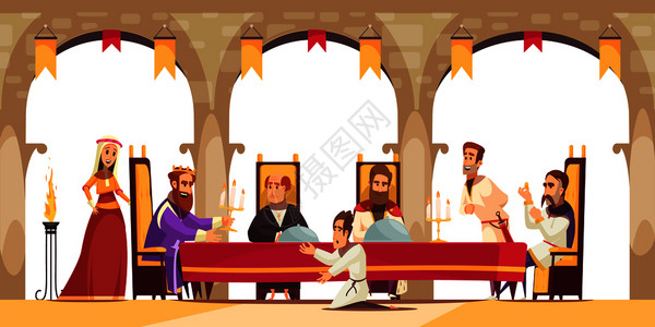 城堡卡通海报,国王坐宝座上,周围他的随公民跪着询问矢量插图图片