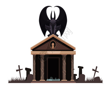 黑暗,张开翅膀,坐墓地的屋顶上,靠近坟墓,交叉卡通矢量插图图片