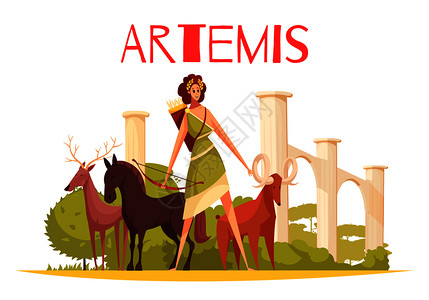 希腊女神扁平构图,卡通人物阿特米斯弓动物群矢量插图图片