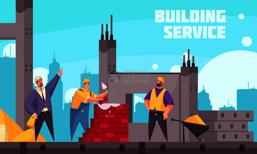 建筑服务平海报与工业技术人员指导队的建设者制作砖瓦矢量插图图片